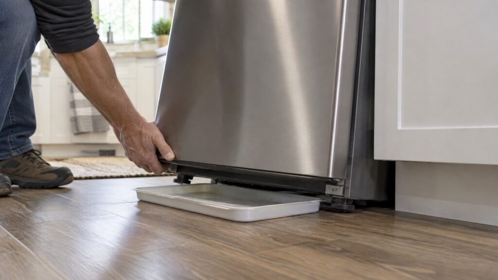Hands tilting a dishwasher gently backward on a kitchen floor with a shallow tray positioned beneath the front edge