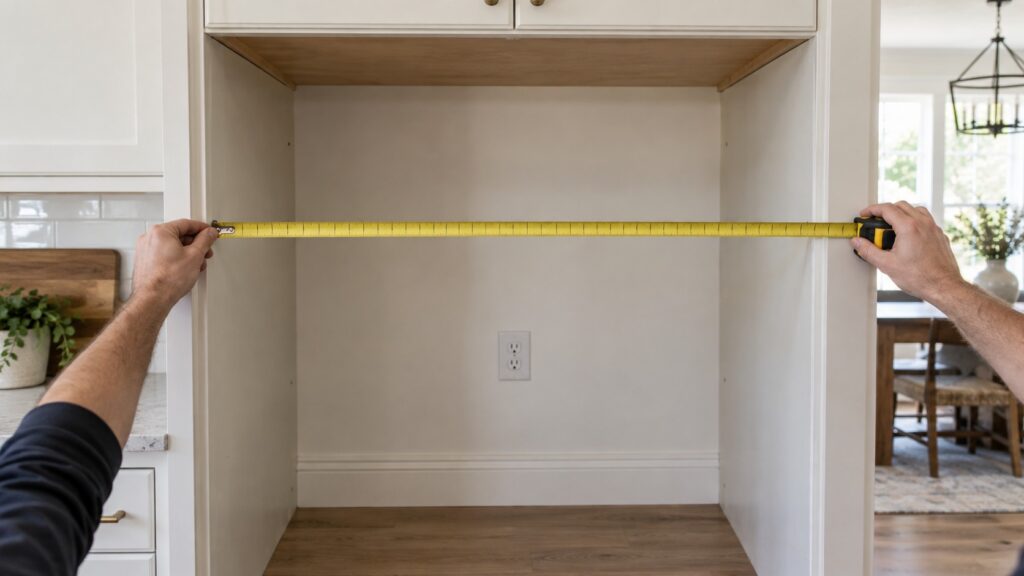 A tape measure held across the width of an empty kitchen cabinet opening prepared for a refrigerator