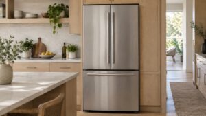 A stainless steel French door refrigerator sitting nearly flush with the surrounding light wood kitchen cabinetry