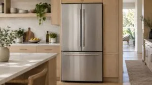 A stainless steel French door refrigerator sitting nearly flush with the surrounding light wood kitchen cabinetry