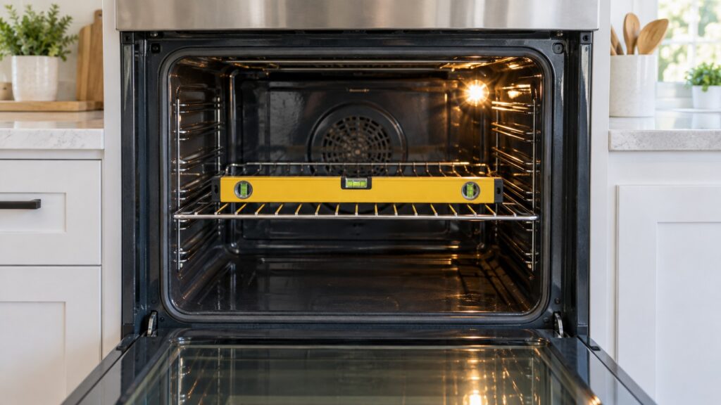 A spirit level laid across the middle wire rack inside an open oven cavity