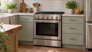 A stainless steel freestanding range seated between two runs of kitchen base cabinets with the oven door closed