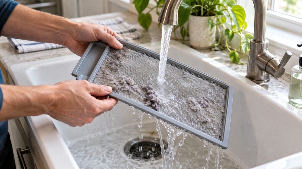 Water from a tap running onto a rectangular dryer lint filter held over a utility sink
