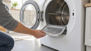 A hand pulling the lint filter out of the door opening of a white front-load dryer in a bright laundry room
