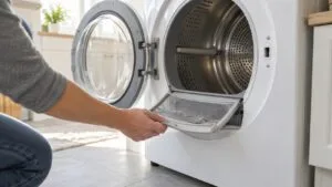 A hand pulling the lint filter out of the door opening of a white front-load dryer in a bright laundry room