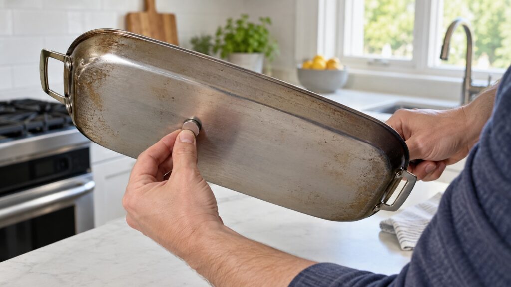 A small magnet held against the underside of an oblong griddle pan to test whether the base is magnetic along its whole length