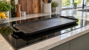A long rectangular cast iron griddle sitting across two bridged zones on a black glass induction cooktop