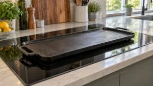 A long rectangular cast iron griddle sitting across two bridged zones on a black glass induction cooktop