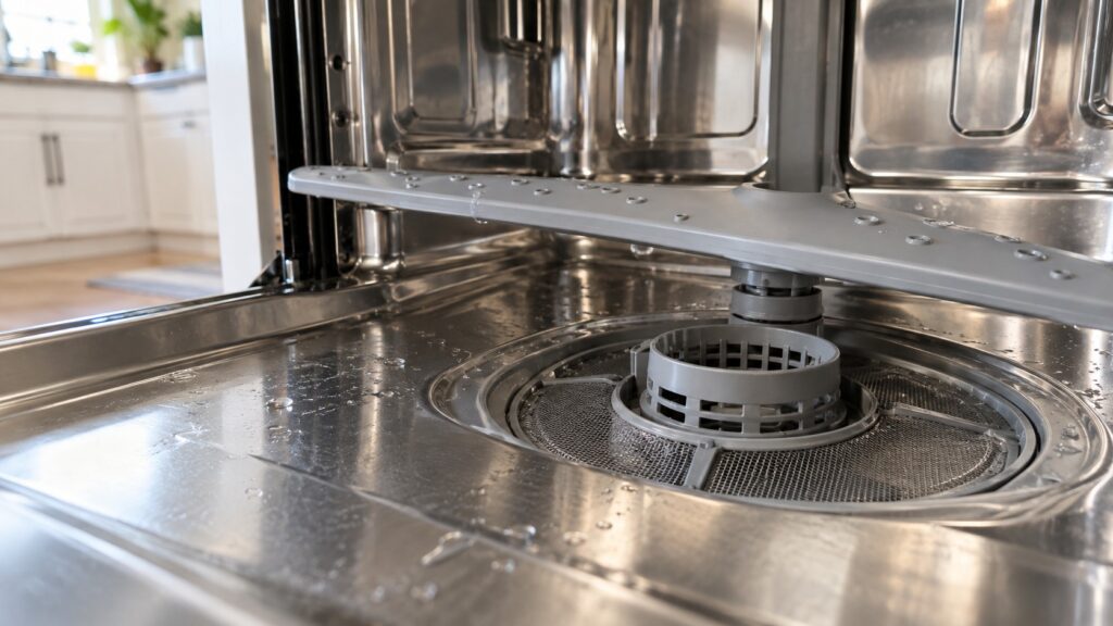 A close-up of the stainless steel floor of a dishwasher tub beside the filter well with the spray arm above it