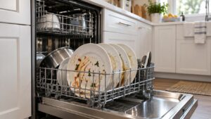 An open dishwasher part way through loading with plates carrying visible food residue arranged in the lower basket