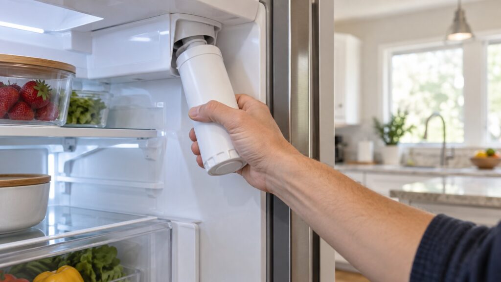 A hand twisting a cylindrical water filter cartridge out of its housing inside a refrigerator compartment