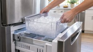 An open freezer drawer with a clear ice bin full of fresh cubes lifted slightly out of its rails