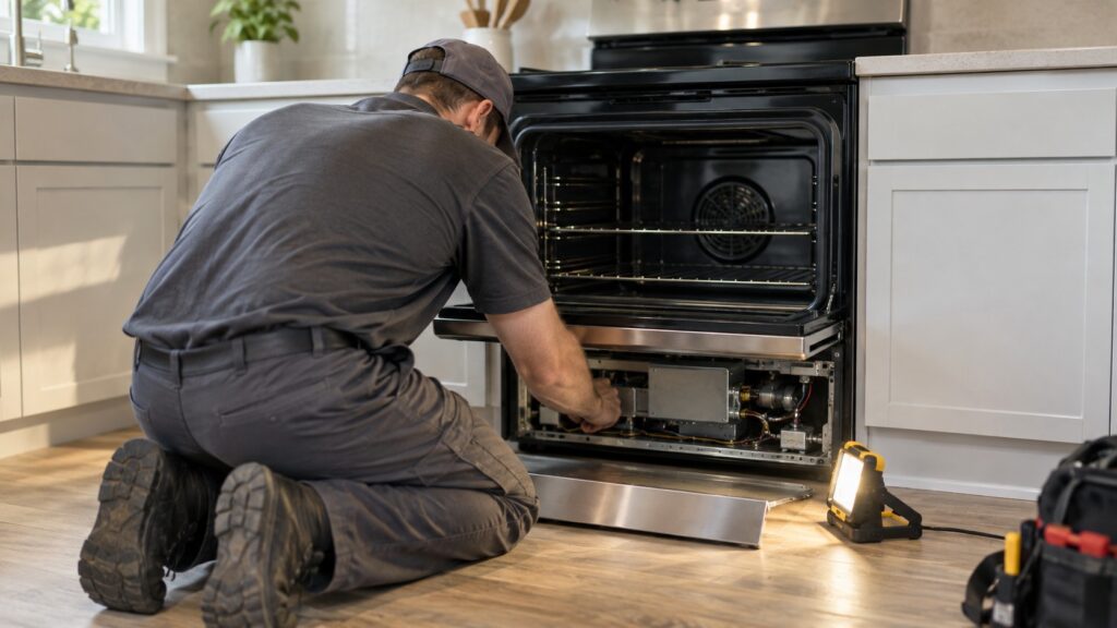 A technician kneeling in front of an open oven with the lower panel removed and a work light on the floor