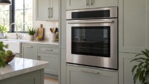 A built-in stainless steel wall oven set into a tall kitchen cabinet run with its door closed