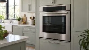 A built-in stainless steel wall oven set into a tall kitchen cabinet run with its door closed