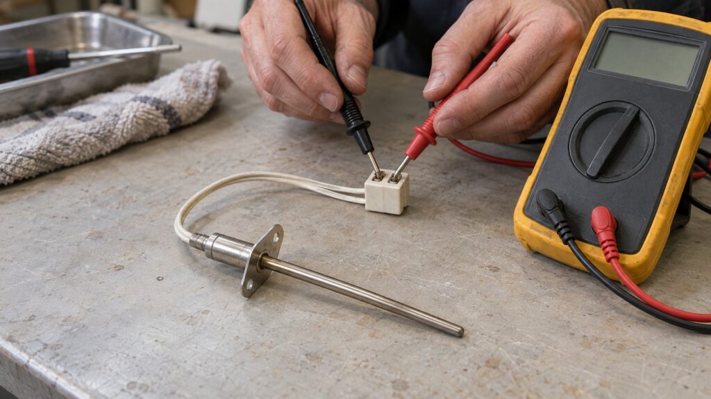 A removed oven temperature sensor lying on a work surface beside its two-wire ceramic plug with multimeter probes across the terminals