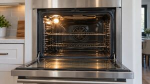 An open stainless steel wall oven with the cavity light on and a thin metal temperature probe visible in the upper left corner