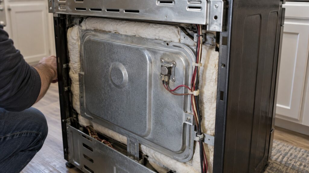 The rear panel of a range removed to show the thermal cut-out clipped to the oven cavity wall with two spade terminals and the sensor harness beside it