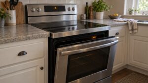 A stainless steel slide-in range with the oven door open a few inches and the control display showing a fault code above the cooktop