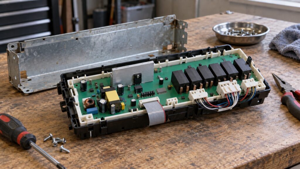 A range control board removed from its bracket on a bench with ribbon cable connectors and a relay bank visible along one edge