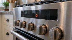 The control panel of a stainless steel range with most of the display segments dark and a single fault code lit above the knobs
