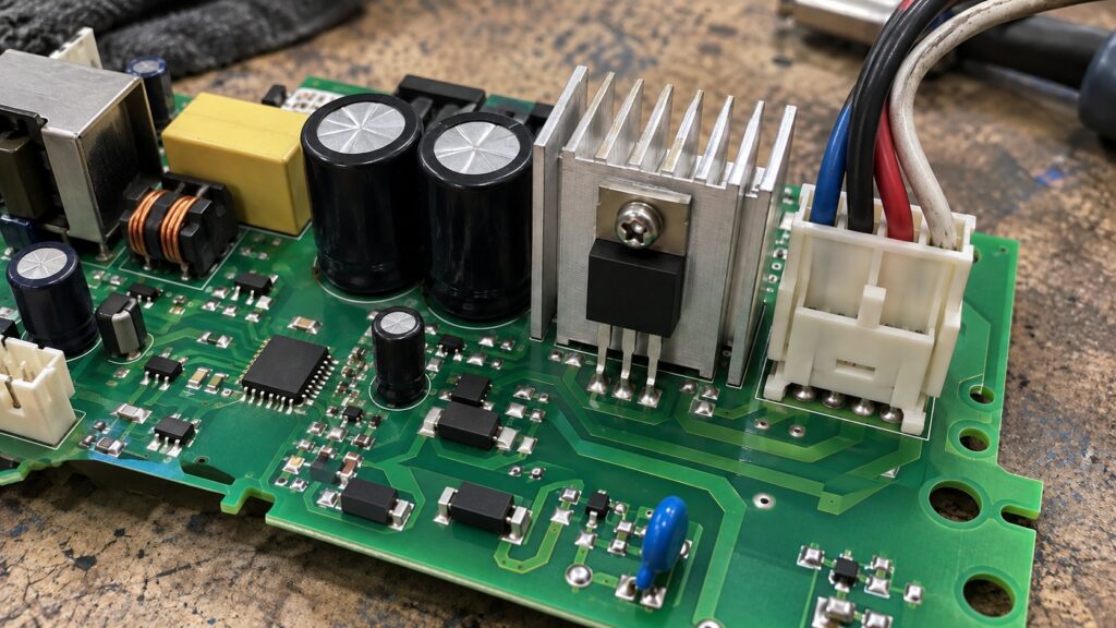 A washer control board on a bench showing a triac mounted on a small heatsink next to the motor harness connector