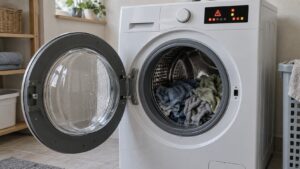 A front load washer with the door open and wet laundry sitting motionless in the drum while the control display shows a fault code