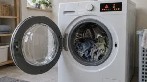 A front load washer with the door open and wet laundry sitting motionless in the drum while the control display shows a fault code