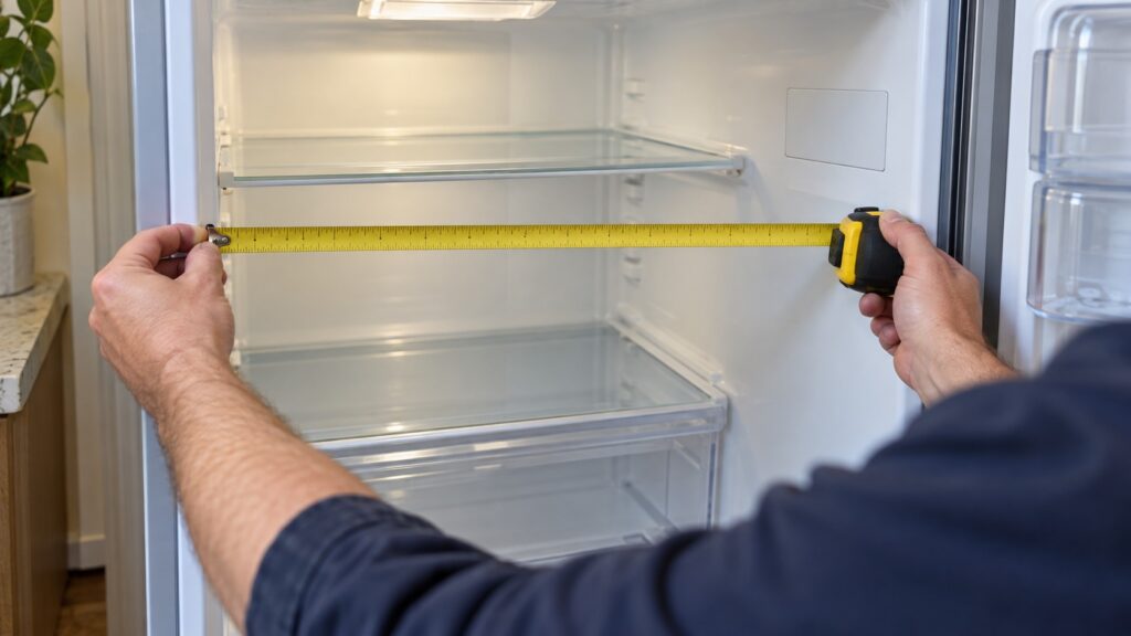 The model and serial number rating plate on the interior side wall of a refrigerator compartment with a tape measure held across the cabinet opening nearby