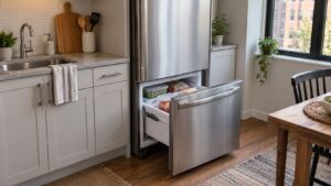 A narrow 24 inch stainless steel bottom freezer refrigerator standing flush with the counter in a compact apartment kitchen with the freezer drawer pulled open