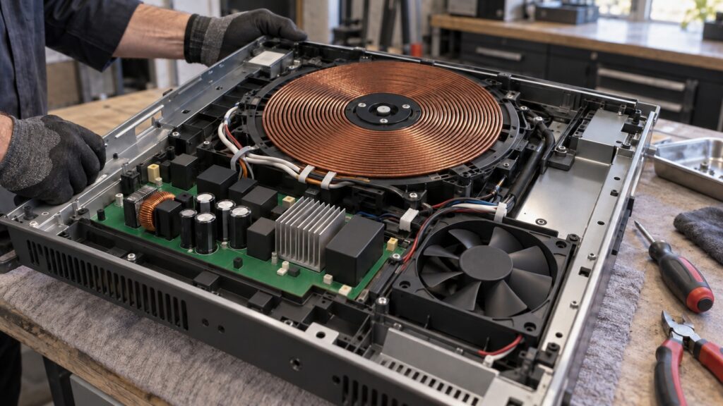 The underside of an induction cooktop removed from a counter showing a flat coil of wound copper wire above the power board and its cooling fan