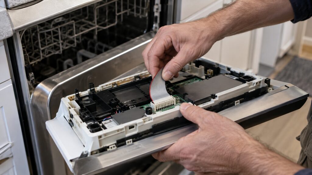 Close-up of a dishwasher's open control panel with a ribbon cable being checked