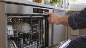 A technician's hand pointing at an unreadable glowing fault code on a built-in dishwasher's control display