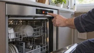 A technician's hand pointing at an unreadable glowing fault code on a built-in dishwasher's control display