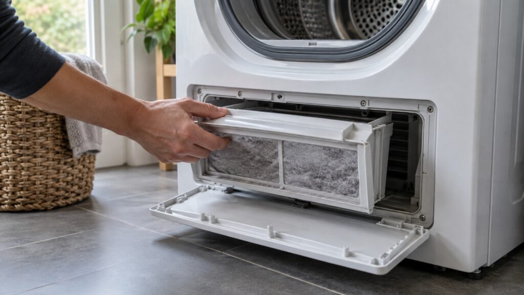 A hand pulling out a heat pump dryer's lint filter