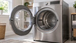 A stainless steel front-load dryer in a laundry room with the door open