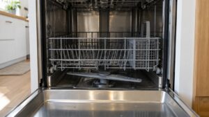 The open tub of a dishwasher showing a spray arm and lower rack