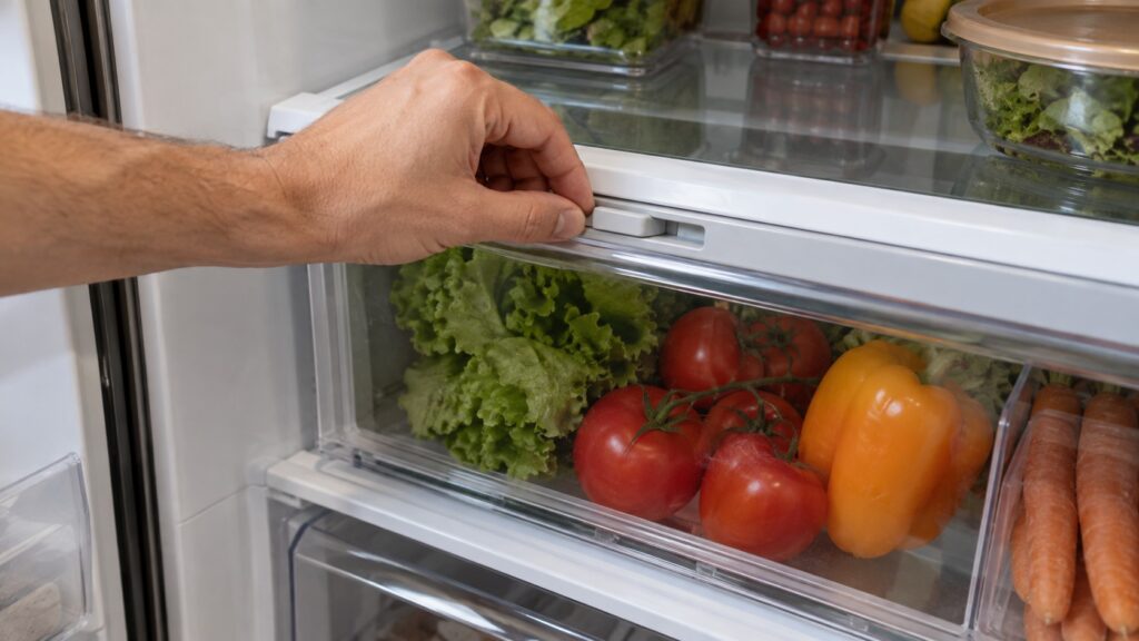 A hand adjusting a humidity slider on a crisper drawer