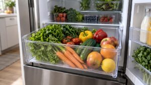 An open refrigerator crisper drawer full of fresh produce