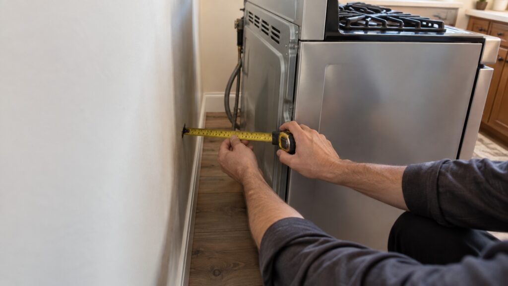 Hands measuring the clearance behind a freestanding range before install