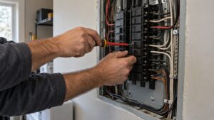 An electrician's hands near an open home electrical panel