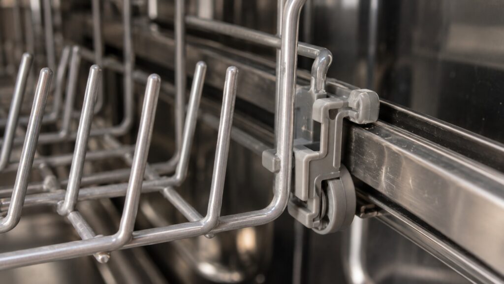 Close-up of rack tines and a rail clip mechanism