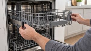 Hands adjusting the height of a dishwasher's upper rack