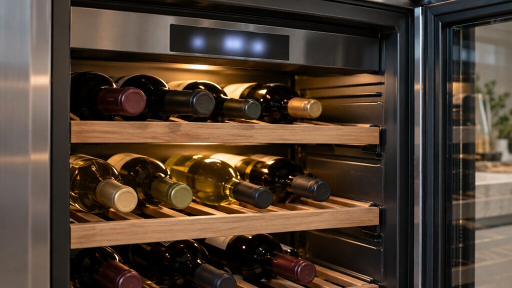 A stocked wine cooler interior with an unreadable lit control display