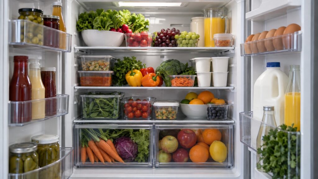 A refrigerator interior fully stocked with groceries after a shopping trip