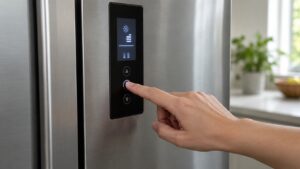 A hand pressing a button on a refrigerator's control panel with an unreadable display