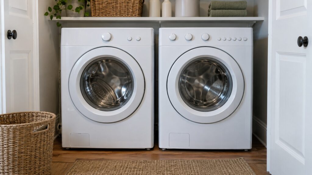 Two front-loading washers side by side in a laundry closet, one with a simpler control panel and one with a fuller panel