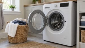A front-loading washer in a laundry room with its door open and a basket of towels beside it