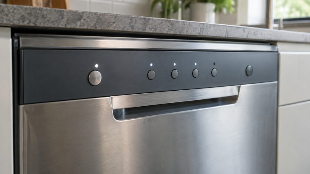 The control panel of a built-in dishwasher with a row of option buttons and small indicator lights