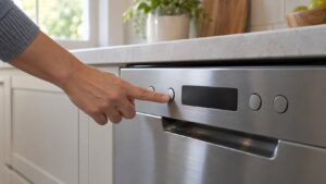 A hand pressing an option button on a dishwasher control panel with an unreadable display